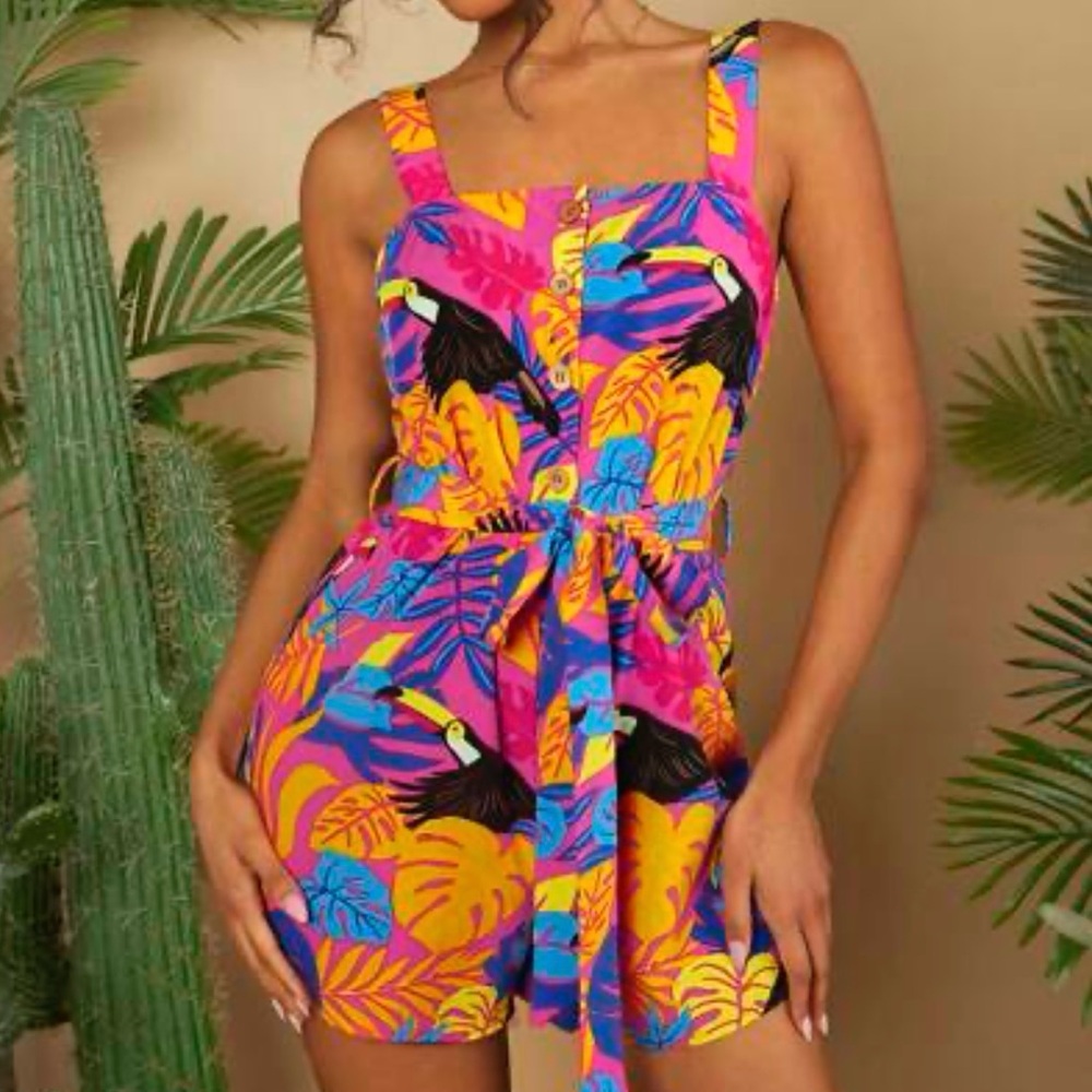 SHEIN VCAY Tropical Floral Toucan Romper Jumpsuit Large NWT